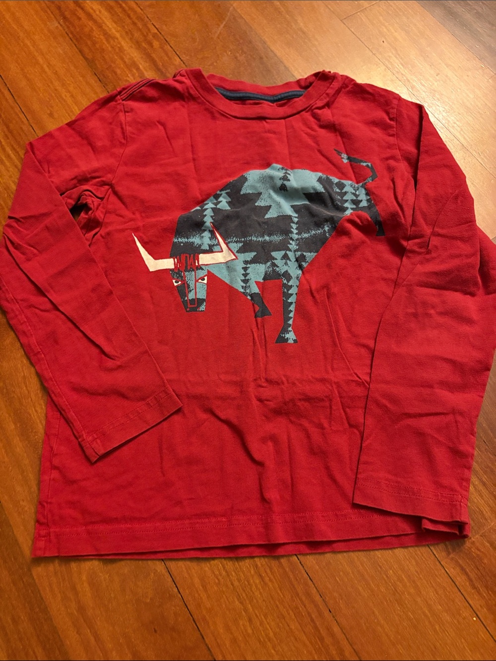 Tea Collection Red Long Sleeve Tee with Blue Patterned Bull Graphic